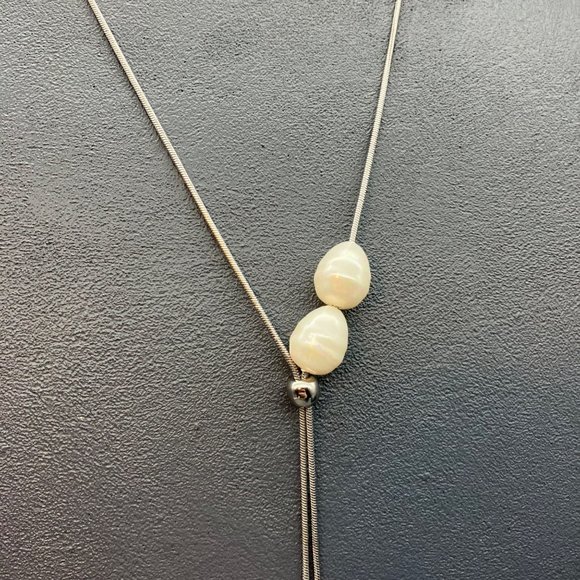 Chicos Y Drop Necklace NWT Bonus Bracelet Silver Organic Pearl Slinky Bangle - Picture 2 of 10